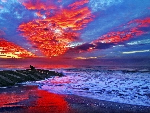 Beaches, sea, Red, clouds