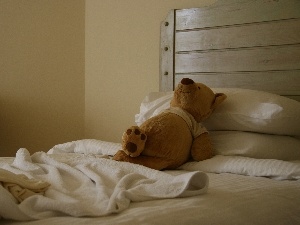 White Bed, resting, teddy bear, plush toy