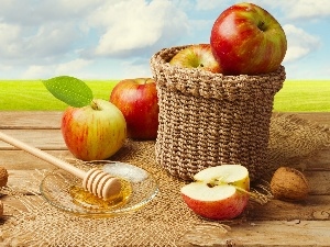 Bench, honey, apples, composition, nuts