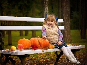 Bench, Park, Kid, pumpkin, girl