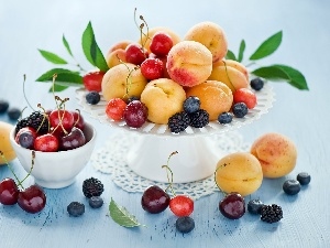 blackberries, blueberries, peaches, composition, cherries