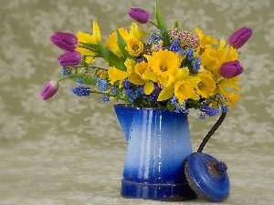blue, flowers, bouquet, jug, spring