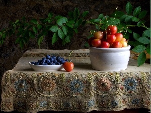 blueberries, cherries, Table, tablecloth