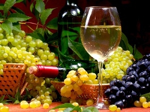 Bottle, glass, bunches, Wine, grapes
