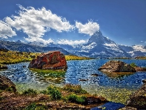 boulders, Matterhorn, lake, Alps, VEGETATION, mount
