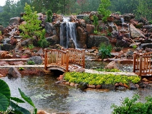 bridges, waterfall, Park, brook