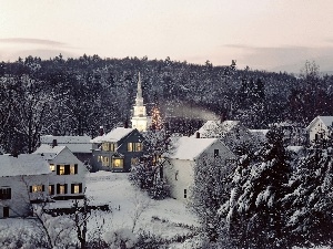 buildings, Church, woods, winter