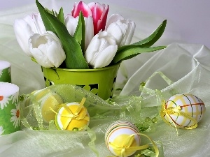 Candles, eggs, bouquet, tulips
