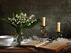candlestick, Glasses, lilies, Book