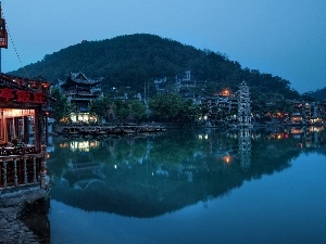 China, mountains, Restaurant, River
