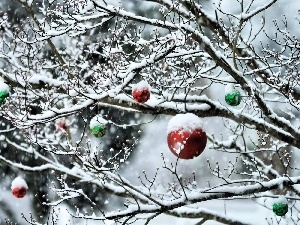 Christmas, baubles, Snowy, winter, trees