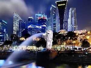 clouds, skyscrapers, Singapur, fountain