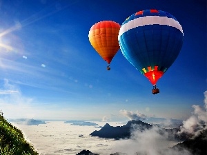 color, rays, sun, Mountains, Balloons, clouds