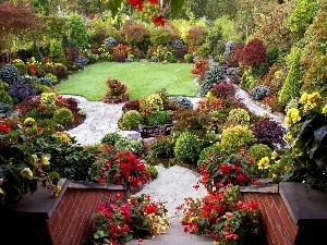 Colourfull Flowers, Garden, Stairs, color