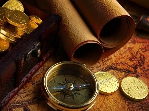 Maps, compass, coins