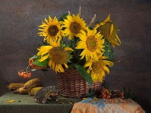 corn, Nice sunflowers, basket, wicker
