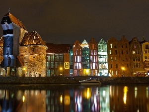 Night, Crane in Gdansk, port, Poland, Monument, Gda?sk
