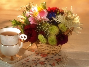 cup, basket, composition, Flowers