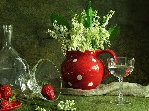 dishes, glass, jug, strawberries, lilies