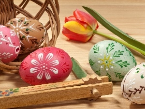 Easter, tulip, basket, composition, eggs