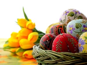 easter, eggs, Tulips, basket