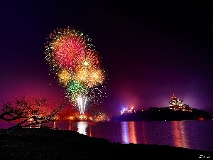 River, fireworks, New Year