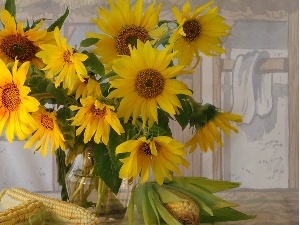 flask, corn-cob, Nice sunflowers