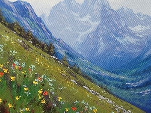 Meadow, Flowers, Mountains