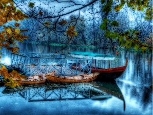 lake, forest, boats