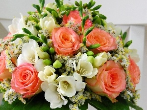 Freesias, flowers, bouquet, roses, Arts