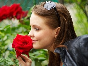 Garden, roses, girl, Amelie Emily, Glasses