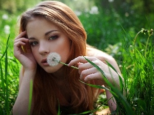 grass, Meadow, sad, girl