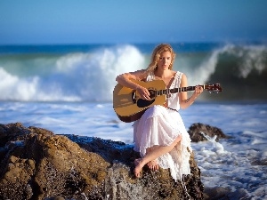 Guitar, girl, sea, rocks