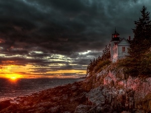 bass harbor, clouds, Great Sunsets, Lighthouses, Maine, sea