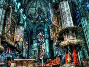 HDR, chair, altar, stained glass