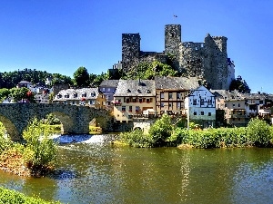 Houses, Castle, River, bridge