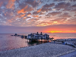Houses, Platform, sea, Great Sunsets, Beaches