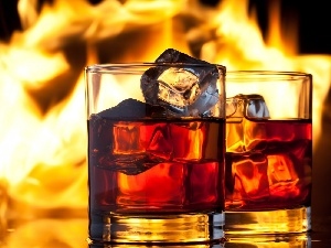 ice, knuckle, Glass, Flames, Whisky