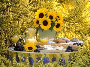 Laid, juice, cheese, Nice sunflowers, Table, Buns
