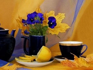 lemon, pansies, tea, teapot