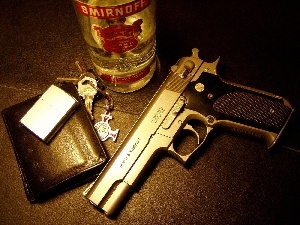 lighter, Gun, wallet, vodka, keys, Smirnoff