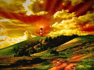 Mountains, Lighthouse, clouds