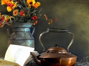 Metal, copper, kettle, bouquet, pitcher, flowers