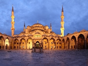mosque, blue, Turkey, courtyard, Istanbul