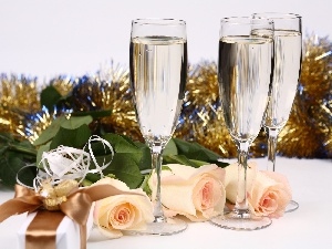 New, Champagne, roses, year, glasses
