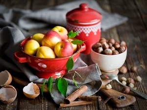 apples, nuts, bowl