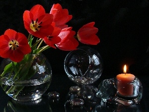 Orb, Glass, Red, candle, Flowers