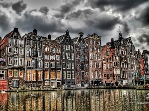 cloudy, over a canal, Amsterdam, Sky, houses