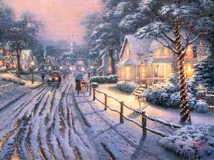 painting, Town, winter, Thomas Kinkade, Street
