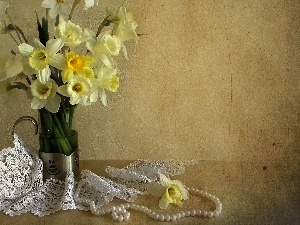 Pearl, Daffodils, Vase, lace, Yellow